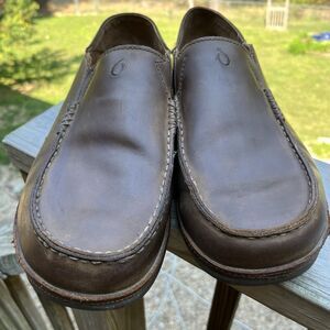 OluKai Moloa Slip On Shoes Mens 11 Brown Leather Casual Comfort Loafers Slides